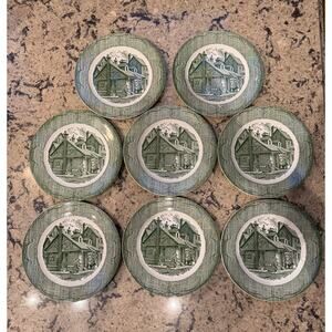 Set of 8 Vintage Green 10” Dinner Plates The Old Curiosity Shop by Royal-USA